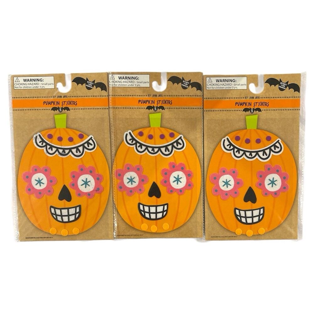 3x Halloween Decorate your Pumpkin Felt Sugar Skulls Stickers 12ct
